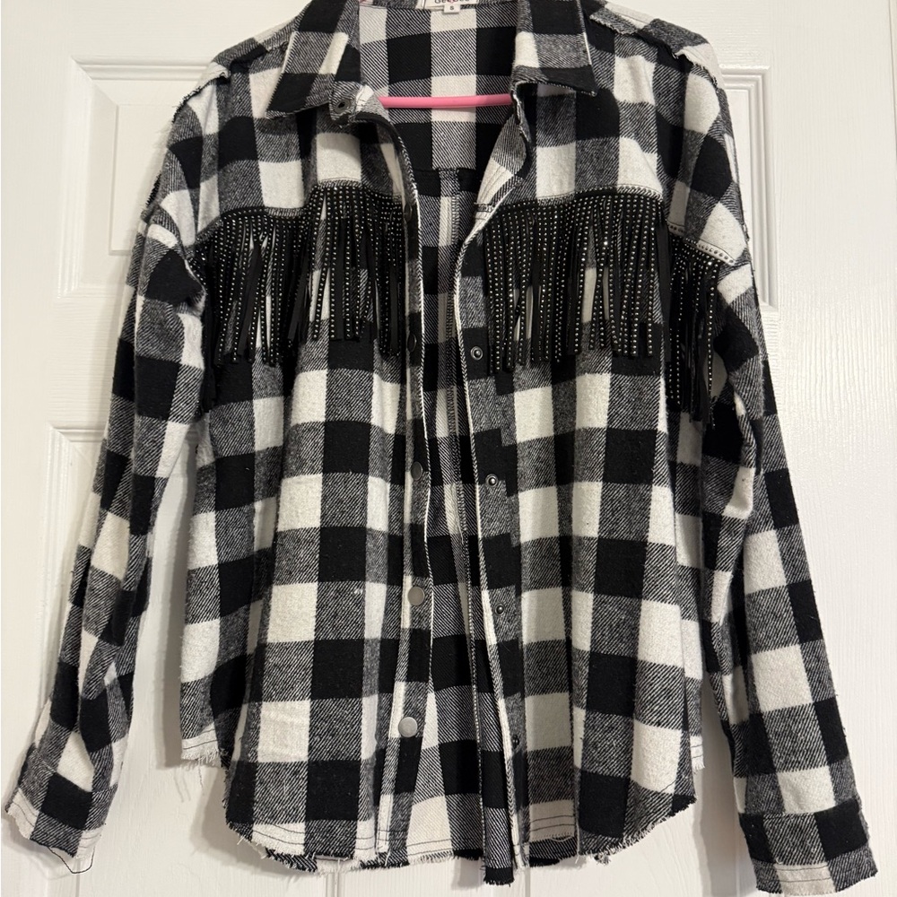 Black and White Checkered Jacket with Fringe